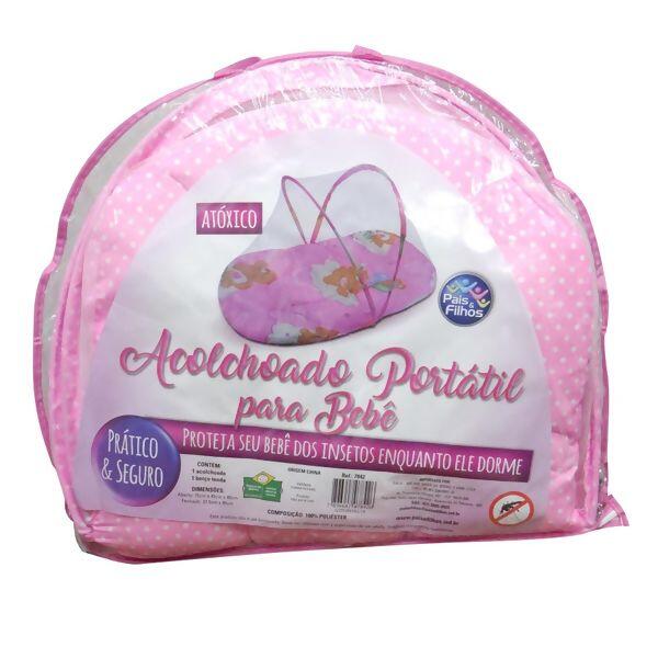 Acolchoado Portátil para Bebê com Mosquiteiro - Rosa Pais e Filhos