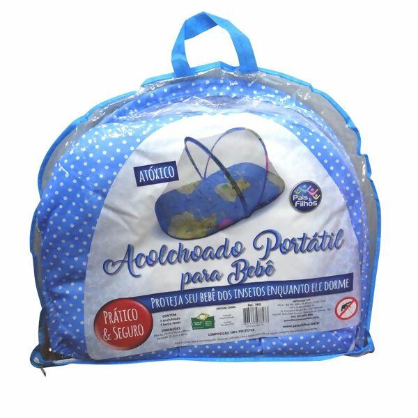 Acolchoado Portátil para Bebê com Mosquiteiro - Azul Pais e Filhos
