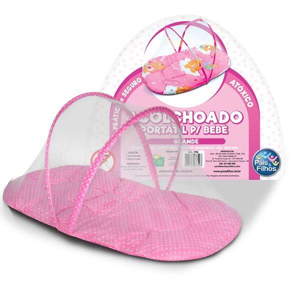 Acolchoado Portátil Grande para Bebê com Mosquiteiro - Rosa Pais e Filhos