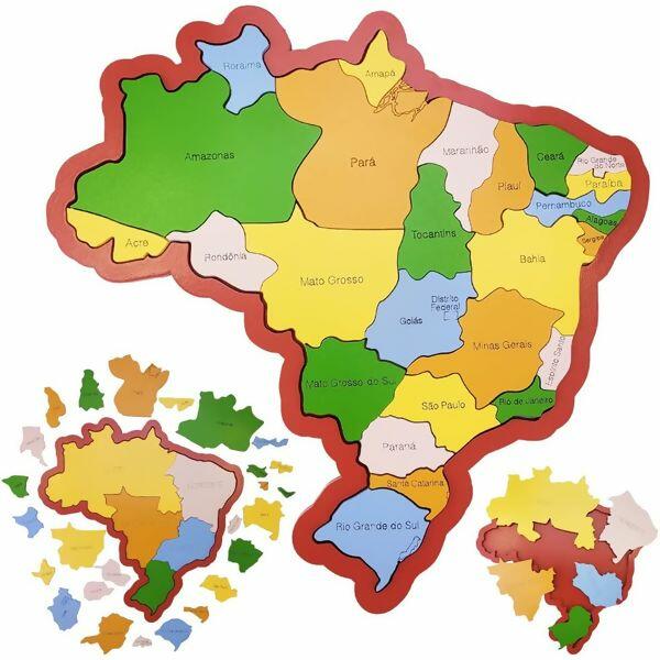 Quebra-cabeça Mapa do Brasil - Regiões, Estados e Capitais em Madeira New -  306